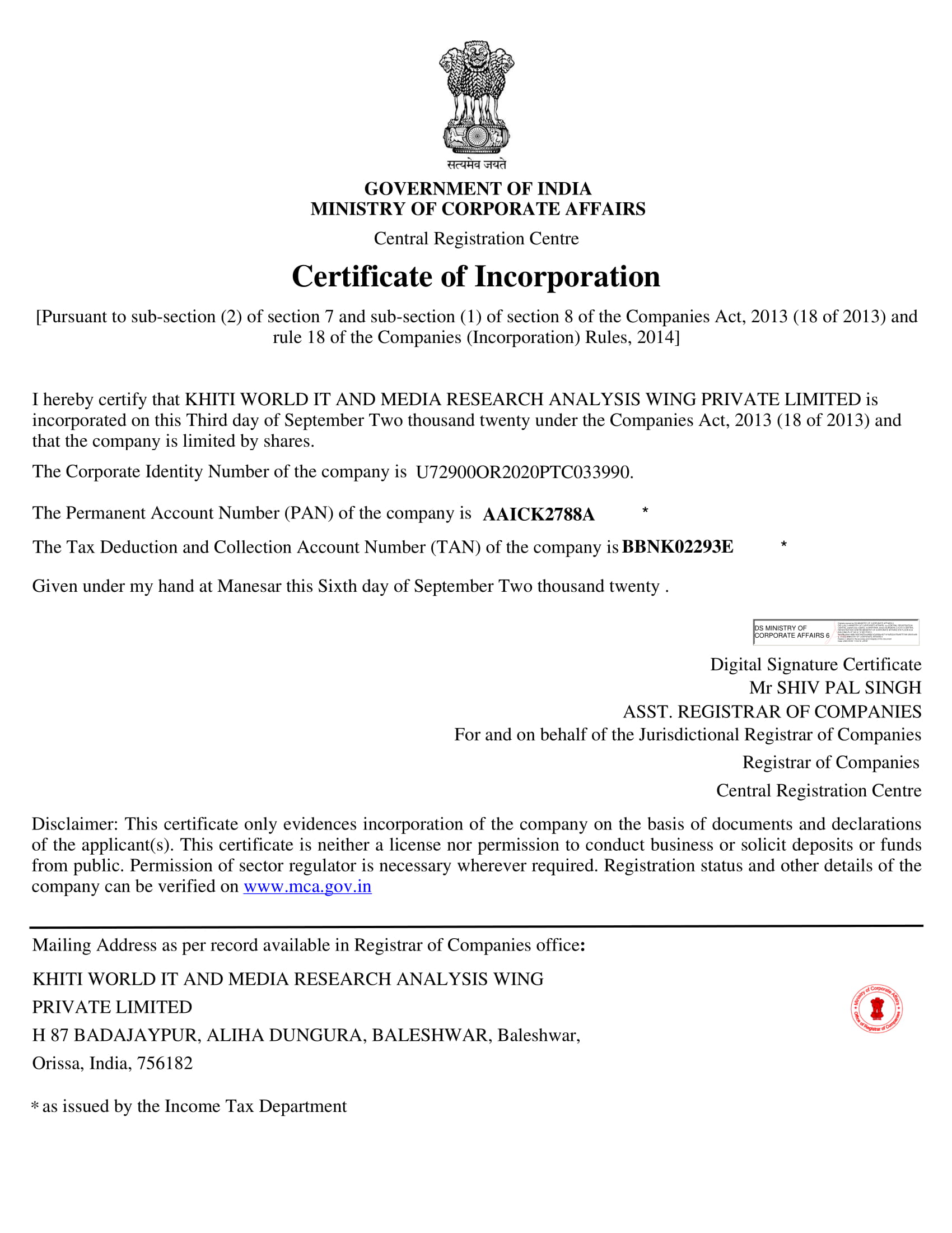 Certificate of Incorporation