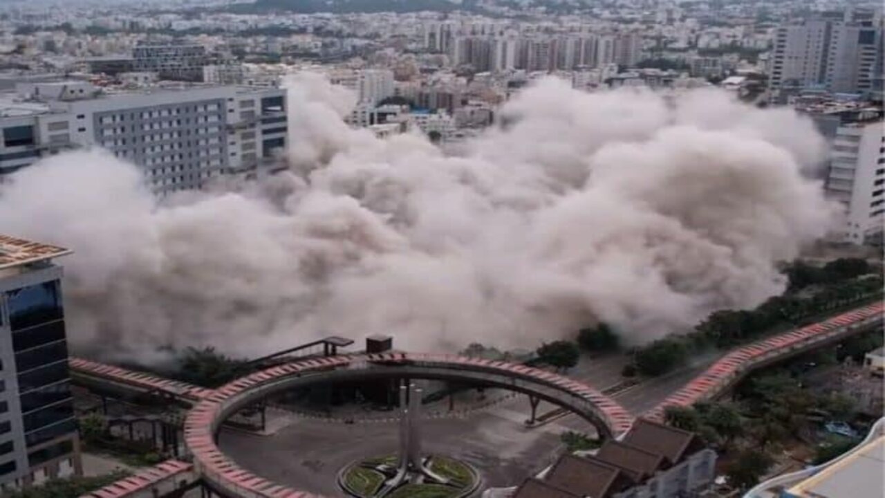Watch: 2 buildings demolished in Mindspace IT Park in Hyderabad. Watch: 2 buildings demolished in Mindspace IT Park in Hyderabad.